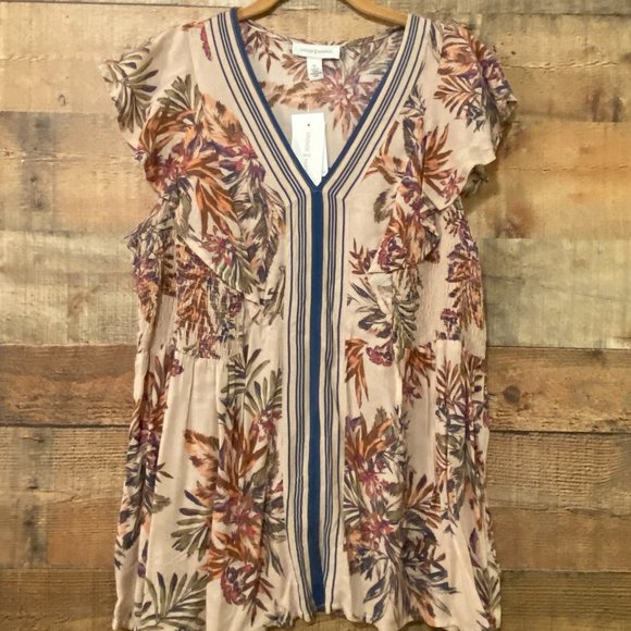 Vintage America Beige Floral Print Smocked Flutter Sleeve Top Size M NWT - Picture 6 of 11